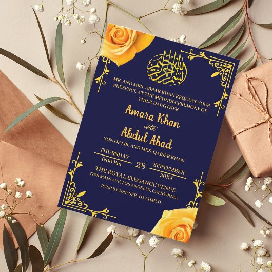 Henna Mehndi Yellow Rose Islamische Hochzeit Einladung