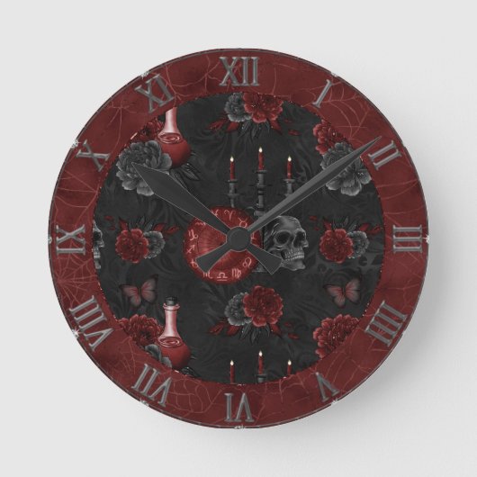 Henna Zodiac Magic | Roter Gothic Skull Rose Tränk Runde Wanduhr (Vorderseite)