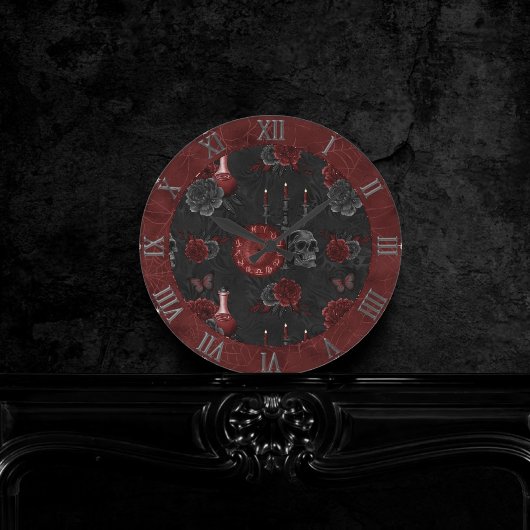 Henna Zodiac Magic | Roter Gothic Skull Rose Tränk Runde Wanduhr