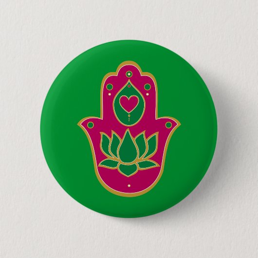 Hennastrauch Hamsa Lotus Grün u. Rosa Button (Vorderseite)