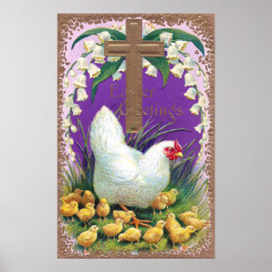 Henne, Chicks und Kreuz Vintager Ostern Poster