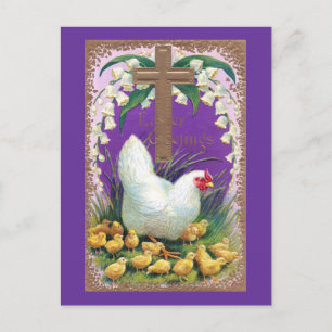 Henne, Küken und Kreuz Vintage Ostern Feiertagspostkarte