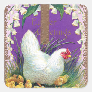 Henne, Küken und Kreuz Vintage Ostern Quadratischer Aufkleber