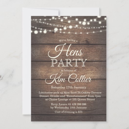 Hennen Party Rustikale Holzleuchten Einladung (Vorderseite)