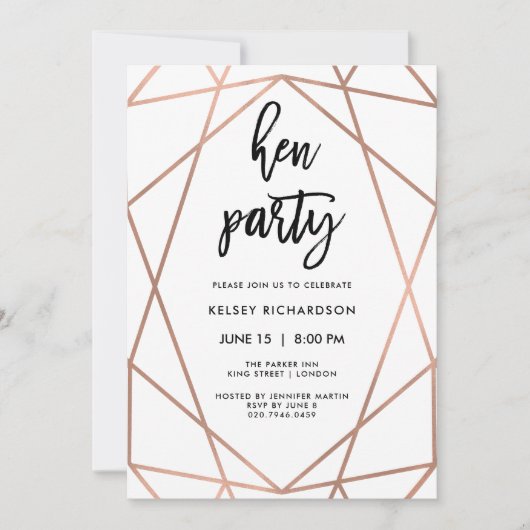 Hennes Party| Imitate Rose Gold Geometrie auf Weiß Einladung (Vorderseite)