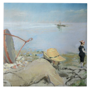 Henri Guerard, der auf dem Strand sich entspannt Fliese