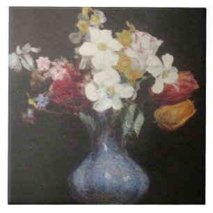 Henri Latour Blaue Vase Narzissen und Tulpen Fliese