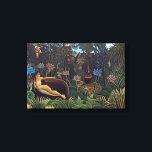 Henri Rousseau Der Traum - Jungle Frauen und Tiere Leinwanddruck<br><div class="desc">Der Traum wurde einige Monate vor seinem Tod fertig gestellt und zeigt ein fast surreales Porträt von Yadwigha (Jadwiga), Rousseaus polnischer Herrin aus seiner Jugend, auf einem Diwan zu den links des Gemäldes, mit Blick auf eine Landschaft üppigen Dschungelwaldes, einschließlich Lotus-Blume, und Tieren wie Vögeln, Affen, einem Elefanten, einem Löwen...</div>