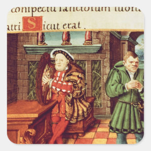 Henry VIII eine Harfe mit seinem Dummkopf spielend Quadratischer Aufkleber