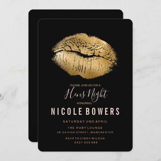 Hens Night Gold Lips Einladung (Vorne/Hinten)