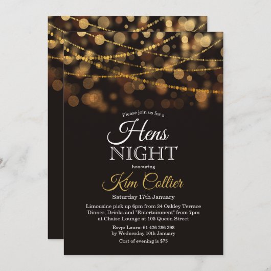 Hens Night Party Glitzer Lights Einladung (Vorne/Hinten)