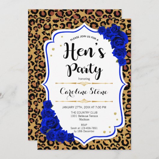 Hens Party - Royal Blue Gold Leopard Print Einladung (Vorne/Hinten)
