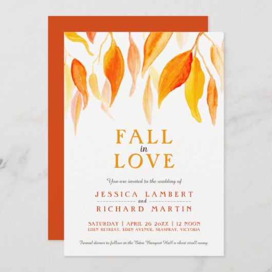 Herabsetzung der Liebe Aquarellorange Blätter Hoch Einladung (Vorne/Hinten)
