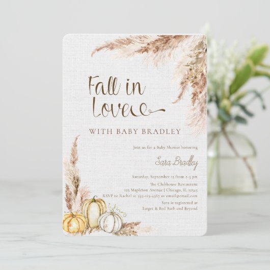 Herabsetzung der Liebe Pumpkin Boho Pampas Babydus Einladung (Stehend Vorderseite)