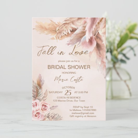 Herabsetzung des Pampas-Gras-Boho-Brautparty in de Einladung (Stehend Vorderseite)