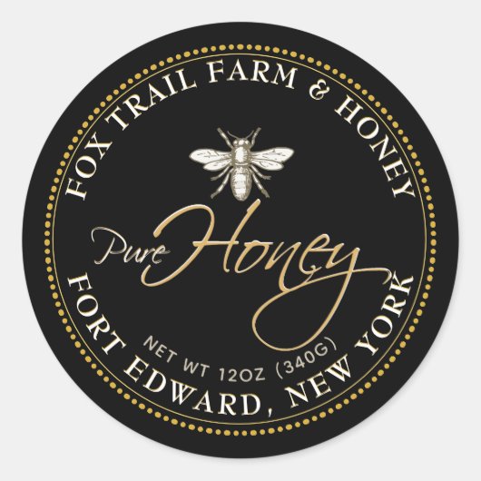 Heraldic Bee Black Honey Label mit Skripttext Runder Aufkleber (Vorderseite)