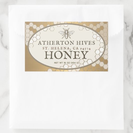 Heraldic Bee Ivory Oval Honey Label Gold Honeycomb Rechteckiger Aufkleber (Tasche)