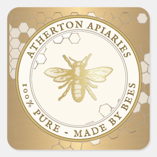 Heraldic Bee Metallic Gold Apiary Honey Label Quadratischer Aufkleber (Vorderseite)