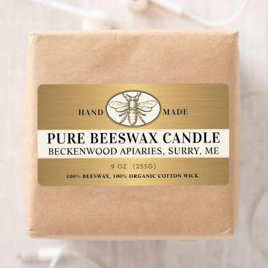 Heraldic Bee Metallic Gold Beeswax Kerze Label (Insitu)