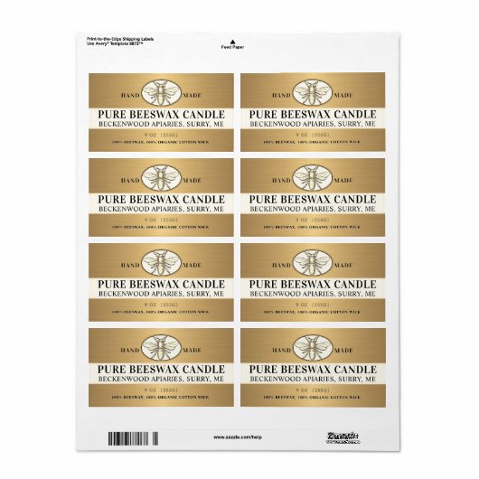 Heraldic Bee Metallic Gold Beeswax Kerze Label (Vorne)