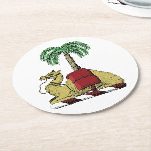 Heraldic Camel Palm Tree Color Coat of Arms Runder Pappuntersetzer