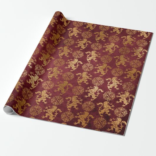 Heraldic Lion Royal Golden Red Velvet Geschenkpapier (Ungerollt)