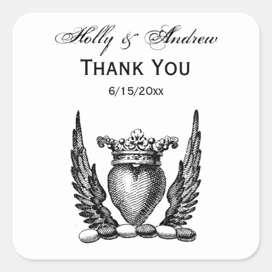 Heraldisches Herz mit Wings Coat of Arms Wappen Quadratischer Aufkleber (Vorderseite)