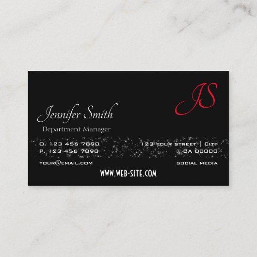 Herausragende schwarze, kleine Glitter-Stars und M Visitenkarte (Rückseite)