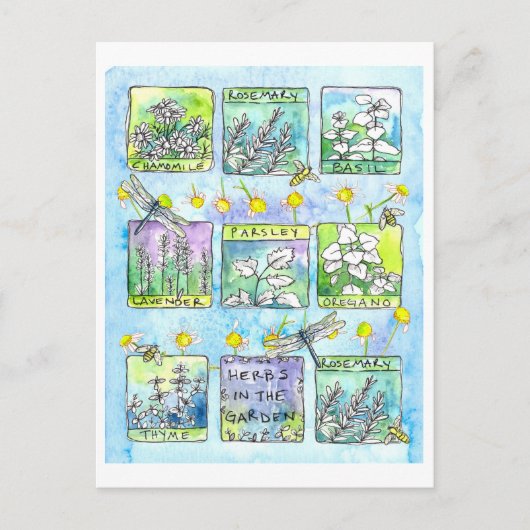 Herbs Garden Dragonfis Honey Bees Watercolor Postkarte (Vorderseite)