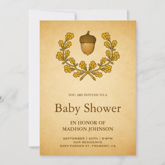 Herbst Acorn Eiche Blätter Kinderdusche Einladung (Vorderseite)