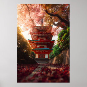 Herbst-Ahorn-Pagoden-Tempel-Treppen-Glanz Poster