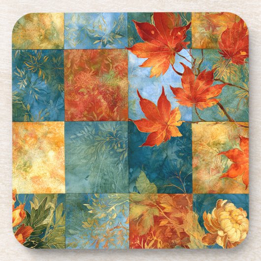 Herbst-Ahornblatt-Botanischer Patchwork Getränkeuntersetzer (Vorderseite)