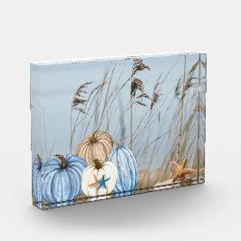 Herbst an der Küste Blau und Weiße Pumpkins und St Fotoblock