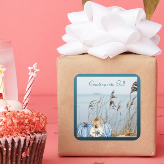 Herbst an der Küste Blau und Weiße Pumpkins und St Quadratischer Aufkleber (Party)