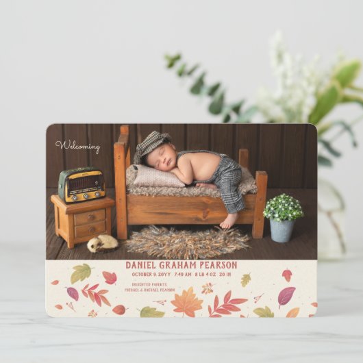 Herbst Ankunft Foto Geburtsankündigung Ankündigung (Stehend Vorderseite)