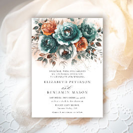 Herbst Aquamarin Burnt Orange Blumenbouquet Weddin Einladung