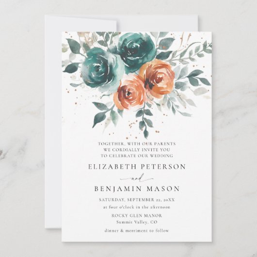 Herbst Aquamarin Burnt Orange Bohemische Hochzeit Einladung (Vorderseite)