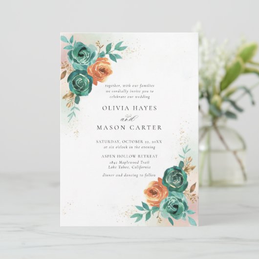 Herbst Aquamarin Burnt Orange Botanische Blumenhoc Einladung (Stehend Vorderseite)