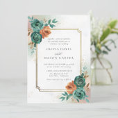 Herbst Aquamarin Burnt Orange Elegant Gold Frame W Einladung (Stehend Vorderseite)