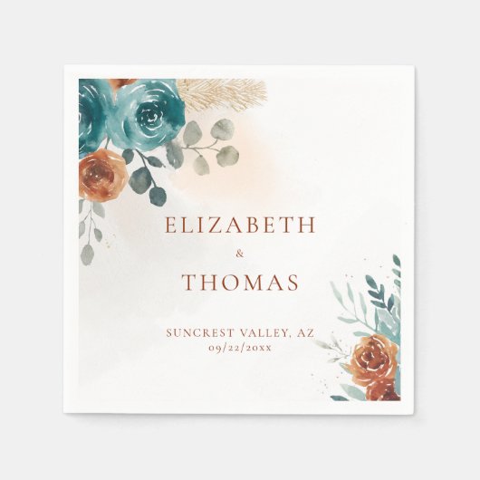 Herbst Aquamarin Burnt Orange Rose Wasserfarbene V Serviette (Vorderseite)