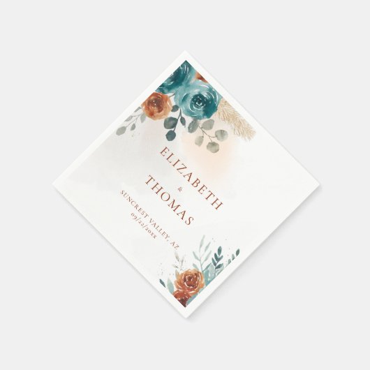 Herbst Aquamarin Burnt Orange Rose Wasserfarbene V Serviette (Ecke)