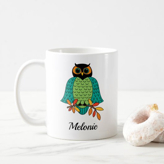 Herbst-aquamarine Eulen-mit Monogramm Name Kaffeetasse (Mit Donut)