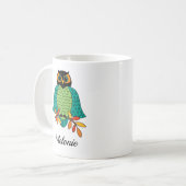 Herbst-aquamarine Eulen-mit Monogramm Name Kaffeetasse (Vorderseite Links)