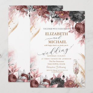 Herbst-Aquarell-Blumen Champagner-Glas Hochzeit  Einladung