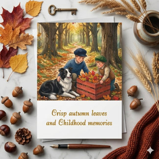 Herbst-Aquarell Kinder & Border Collie Nostalgisch Karte