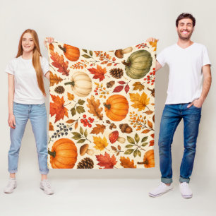 Herbst-Aquarell-Kürbisse, Herbstlaub und Wald Fleecedecke