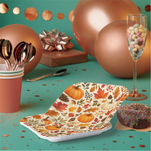Herbst-Aquarell-Kürbisse, Herbstlaub und Wald Pappteller