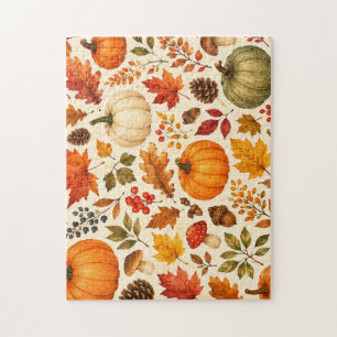 Herbst-Aquarell-Kürbisse, Herbstlaub und Wald Puzzle
