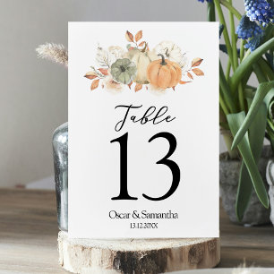 Herbst-Aquarell-Kürbisse und Blumen Tischnummer