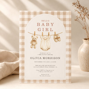 Herbst-Babymädchen-Wäscheleine-Karo-Baby-Party Einladung